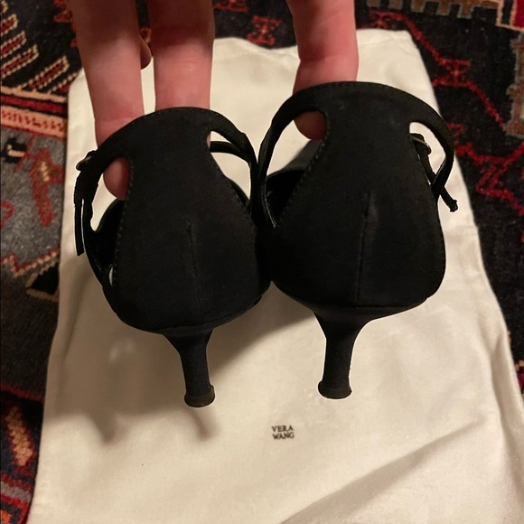 [39] VERA WANG Riky 50 Scarpa Black Crepe Satin Strappy Pointed Kitten Heel - Picture 3 of 5